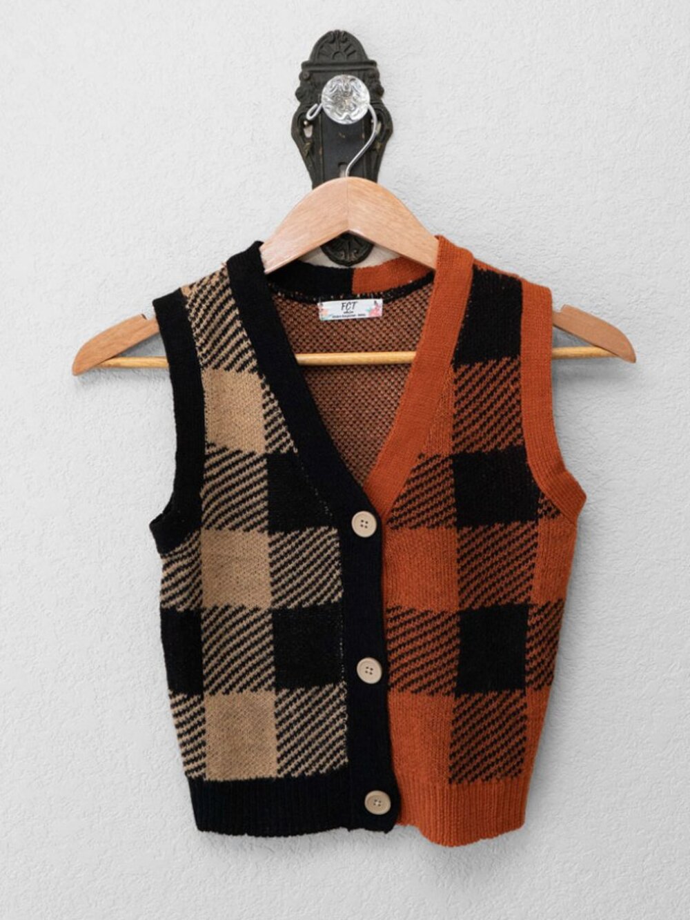 FCT With Love Sweater Vest Womens S Orange Tan Black Plaid Button Front Fall